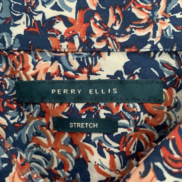 Perry Ellis Shirt Big Tall Mens XLT Blue Orange Floral S/S Cotton Stretch - Picture 2 of 6